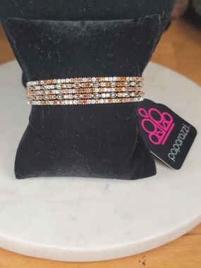 Paparazzi Silver Cuff Bracelet with Clear and Amber Rhinestones